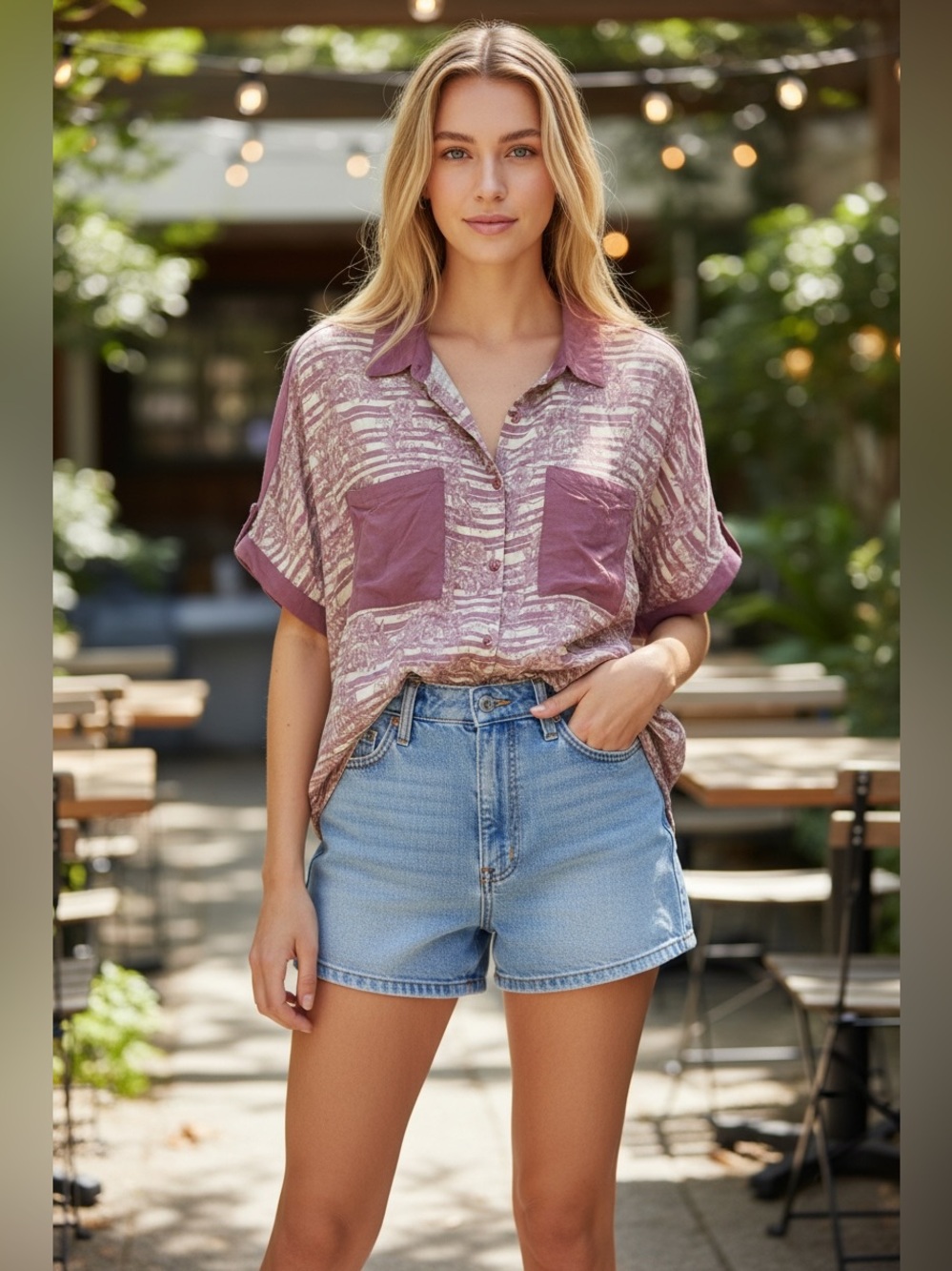 LuLaRoe Mauve and Cream Floral Stripe Button-Down Top